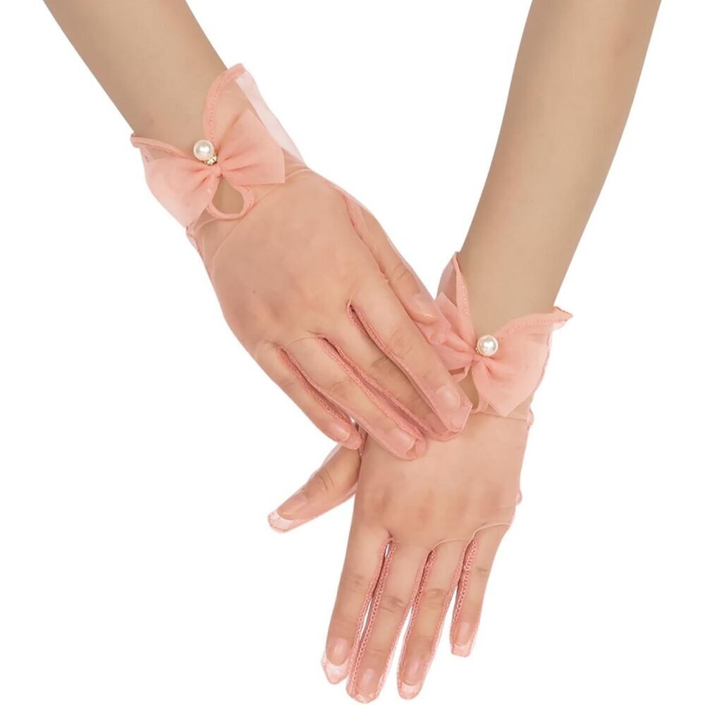 Women's Blush Bow Tulle Pearls Mesh Tea Short Gloves Party Prom Accessories